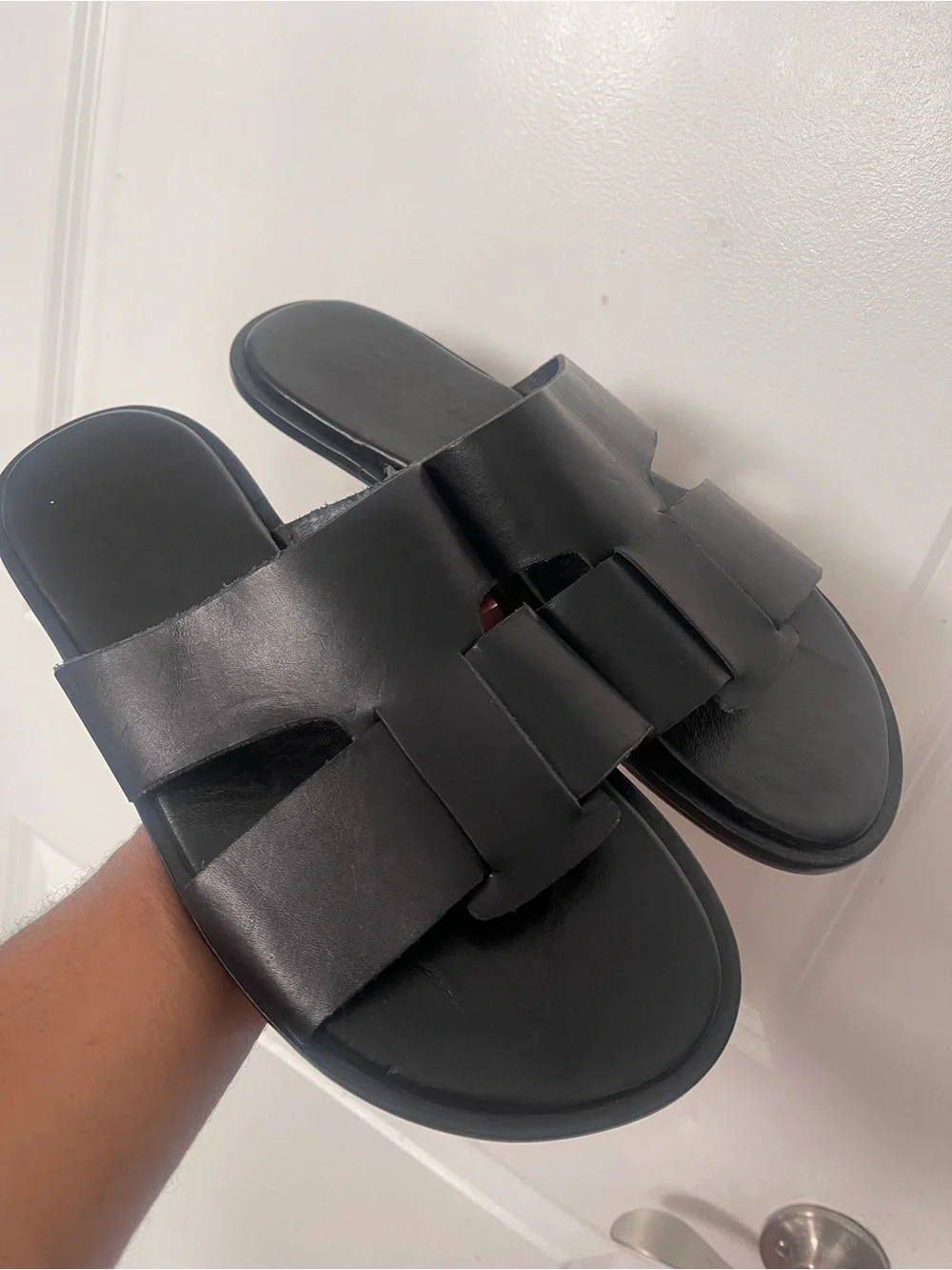 Brand New Men’s Black Leather Slide Sandals Sz 11